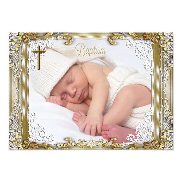 Vintage Gold Beige Damask Cross Baptism Photo Card