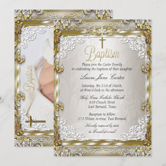 Vintage Gold Beige Damask Cross Baptism Photo Invitation