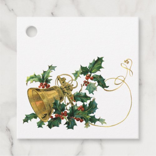 Vintage Gold Bell and Holly Christmas Gift Tags