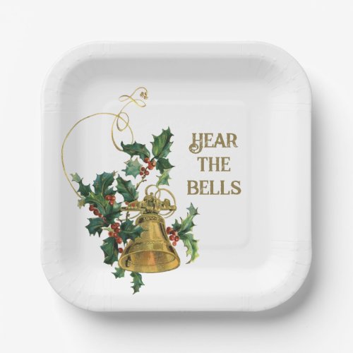 Vintage Gold Bell and Holly Christmas Paper Plate