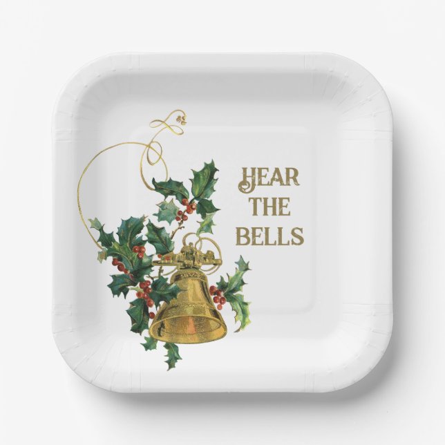 Vintage Gold Bell and Holly Christmas Paper Plate (Front)