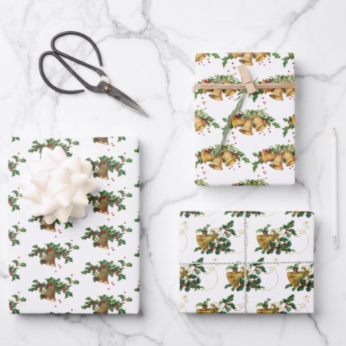 Vintage Gold Bells and Holly Christmas  Wrapping Paper Sheets