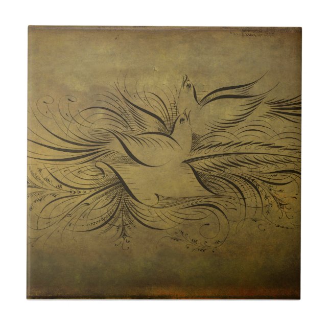 Vintage Gold Birds Line Drawings Ceramic Tile (Front)