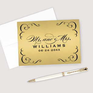Vintage Gold Black Calligraphy Monogram Wedding Thank You Card