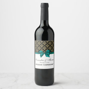 Vintage Gold Black Damask Teal W Wine Bottle Label