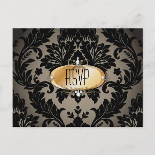 vintage Gold black formal damask Wedding RSVP Invitation Postcard