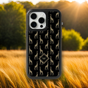 Vintage Gold Black Giraffe Pattern with Initial iPhone 15 Pro Max Case