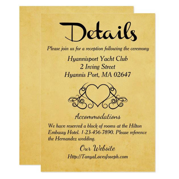Vintage Gold & Black Hearts Details / Directions Card