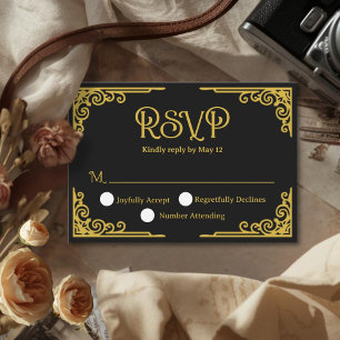  Vintage Gold Black Wedding  RSVP Card