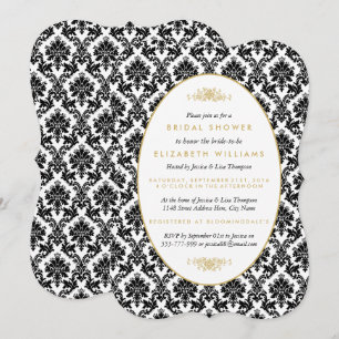Vintage Gold, Black & White Damask Bridal Shower Invitation