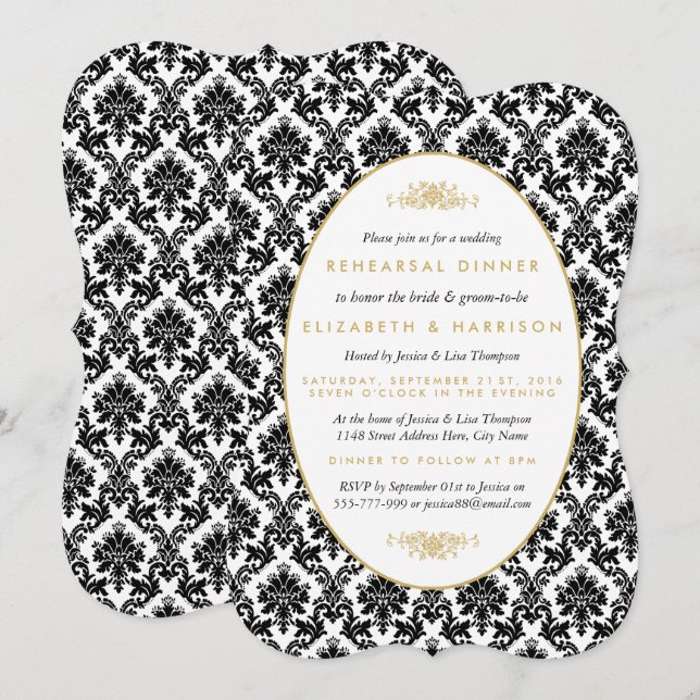 Vintage Gold, Black, White Damask Rehearsal Dinner Invitation (Front/Back)