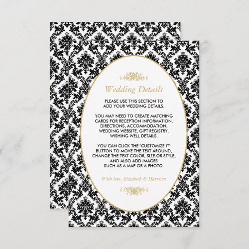 Vintage Gold Black  White Damask Wedding Detail Enclosure Card