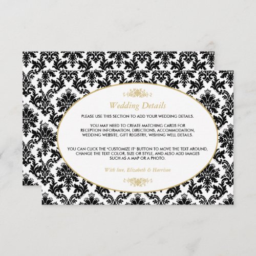 Vintage Gold Black  White Damask Wedding Detail Enclosure Card