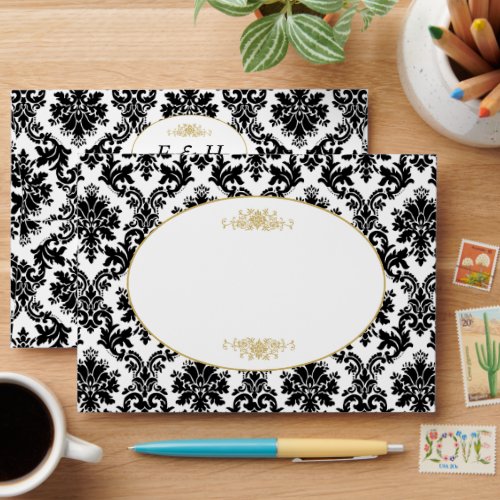 Vintage Gold Black  White Damask Wedding Envelope