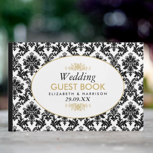 Vintage Gold Black  White Damask Wedding Guest Book