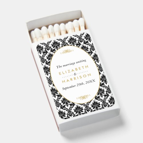 Vintage Gold Black  White Damask Wedding Matchboxes