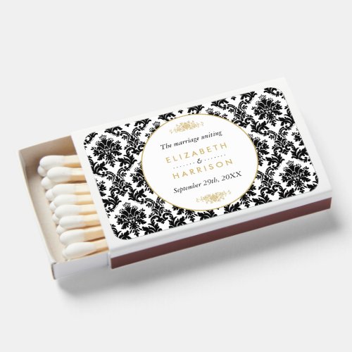 Vintage Gold Black  White Damask Wedding Matchboxes