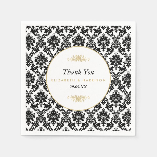 Vintage Gold, Black & White Damask Wedding Napkins (Front)