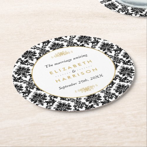 Vintage Gold Black  White Damask Wedding Round Paper Coaster