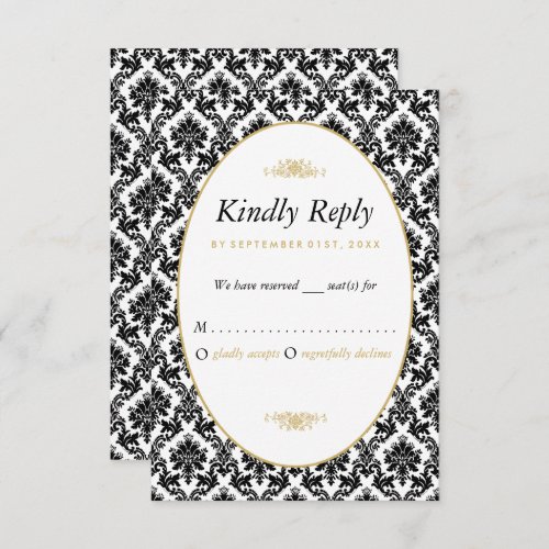 Vintage Gold Black  White Damask Wedding RSVP Card