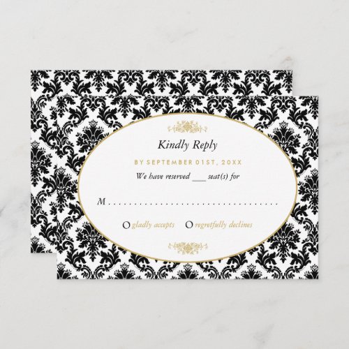 Vintage Gold Black  White Damask Wedding RSVP Card