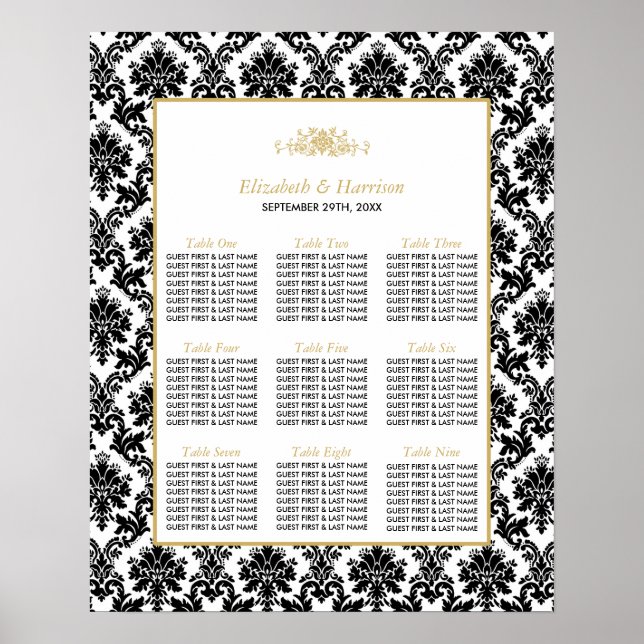 Vintage Gold, Black & White Damask Wedding Seating Poster (Front)
