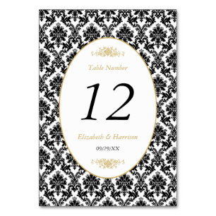 Vintage Gold Black & White Damask Wedding Table Number