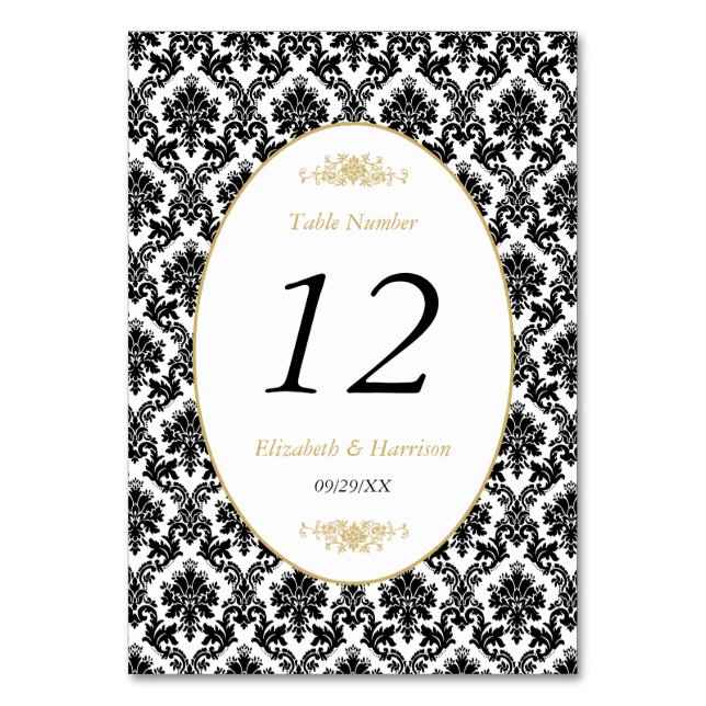 Vintage Gold Black & White Damask Wedding Table Number (Front)