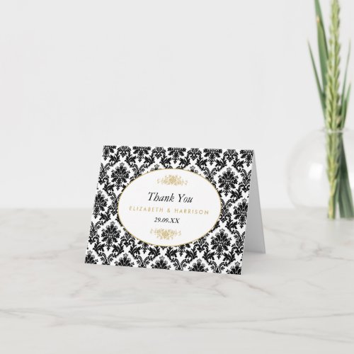 Vintage Gold Black  White Damask Wedding Thank You Card