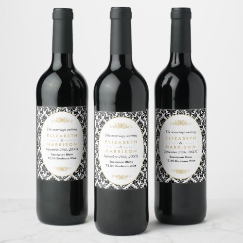 Vintage Gold Black  White Damask Wedding Wine Label