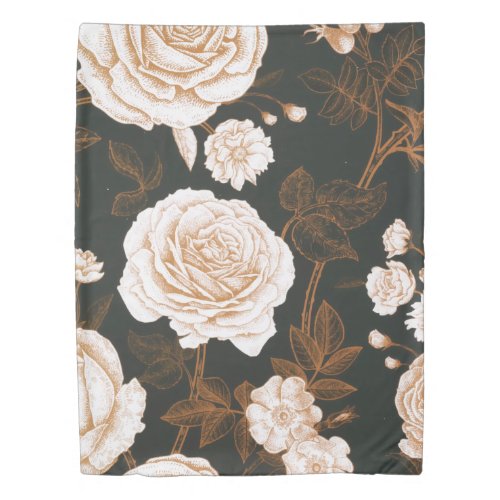 Vintage Gold Black White Rose Leaves Duvet Cover