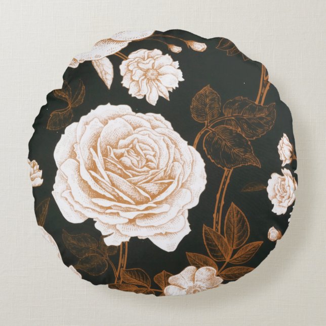 Vintage Gold Black White Rose Leaves Round Pillow (Front)