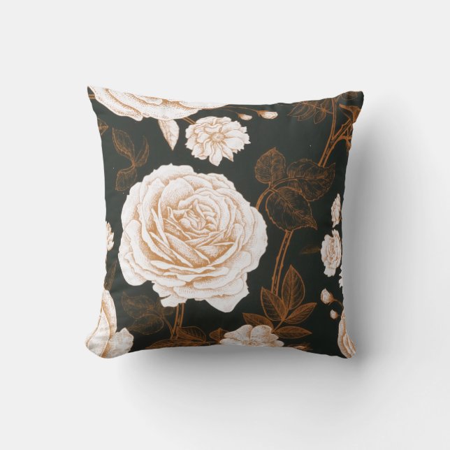 Vintage Gold Black White Rose Leaves Throw Pillow (Front)