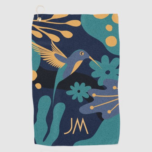 Vintage gold blue and turquoise hummingbird golf towel