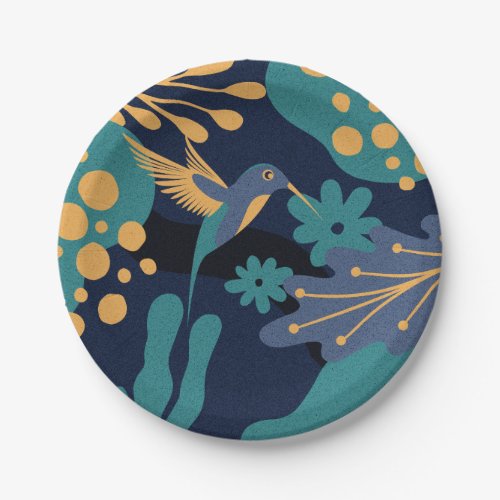 Vintage gold blue and turquoise hummingbird paper plates