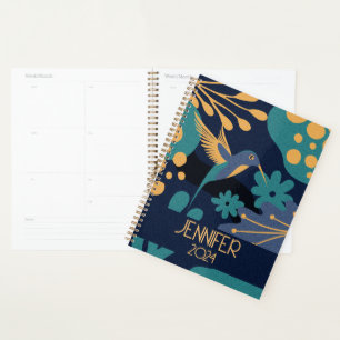 Vintage gold, blue and turquoise hummingbird planner