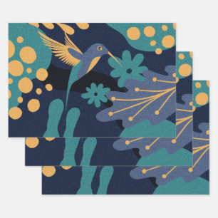 Vintage gold, blue and turquoise hummingbird wrapping paper sheets