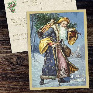 Vintage Gold Blue Father Christmas Tree and Toys Holiday Postcard
