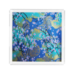 Vintage Gold Blue Japanese Kimono Floral Flower Acrylic Tray