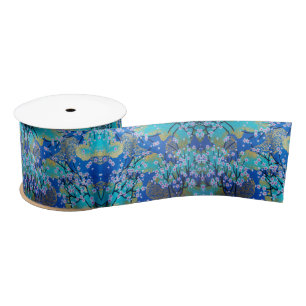 Vintage Gold Blue Japanese Kimono Floral Flower Satin Ribbon