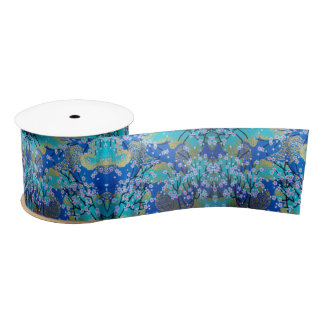 Vintage Gold Blue Japanese Kimono Floral Flower Satin Ribbon