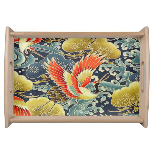 Vintage Gold Blue Japanese Kimono Floral Flower Serving Tray