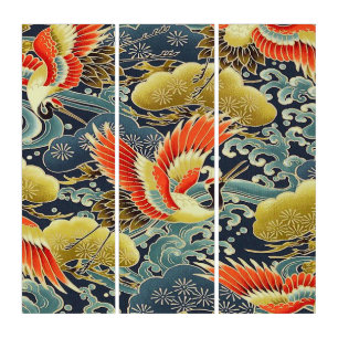 Vintage Gold Blue Japanese Kimono Floral Flower Triptych
