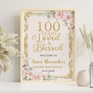 Vintage Gold Blush Floral 100 Years Loved Blessed Poster