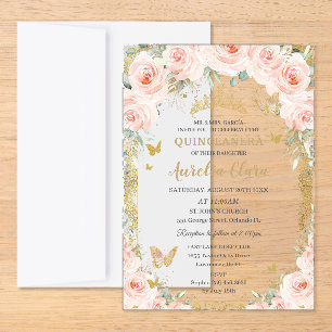 Vintage Gold Blush Floral Quinceañera Sweet 16 Petite Acrylic Invitation