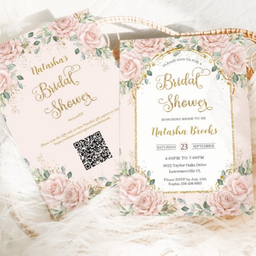 Vintage Gold Blush Pink Floral Bridal Shower QR  Invitation