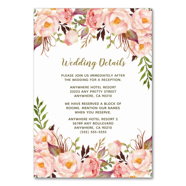 Vintage Gold Blush Pink Peony Wedding Insert Cards (Front)