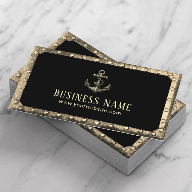 Vintage Gold Boat Anchor Metal Framed Black Business Card (Creator Uploaded)