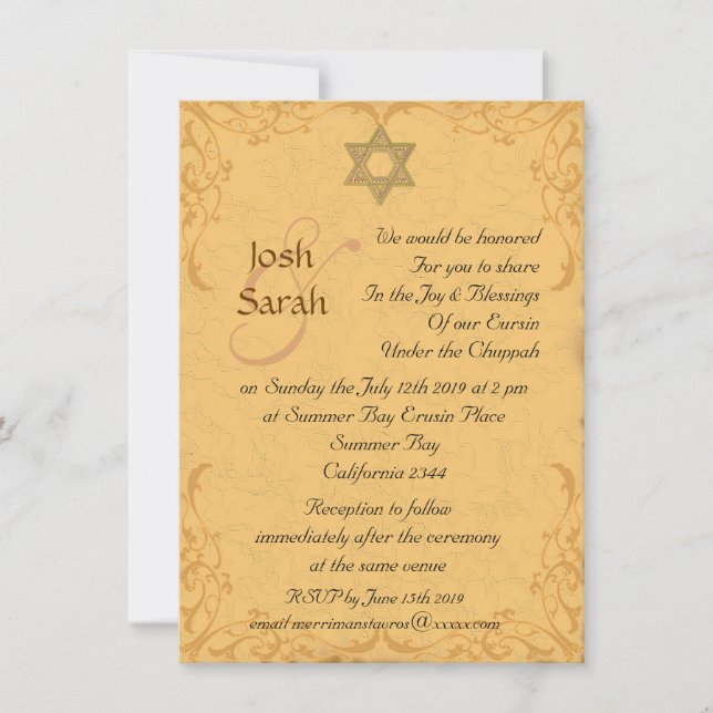 Vintage Gold brocade Jewish wedding Invitation (Front)