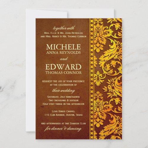 Vintage Gold  Brown Damask Lace Wedding Invitation